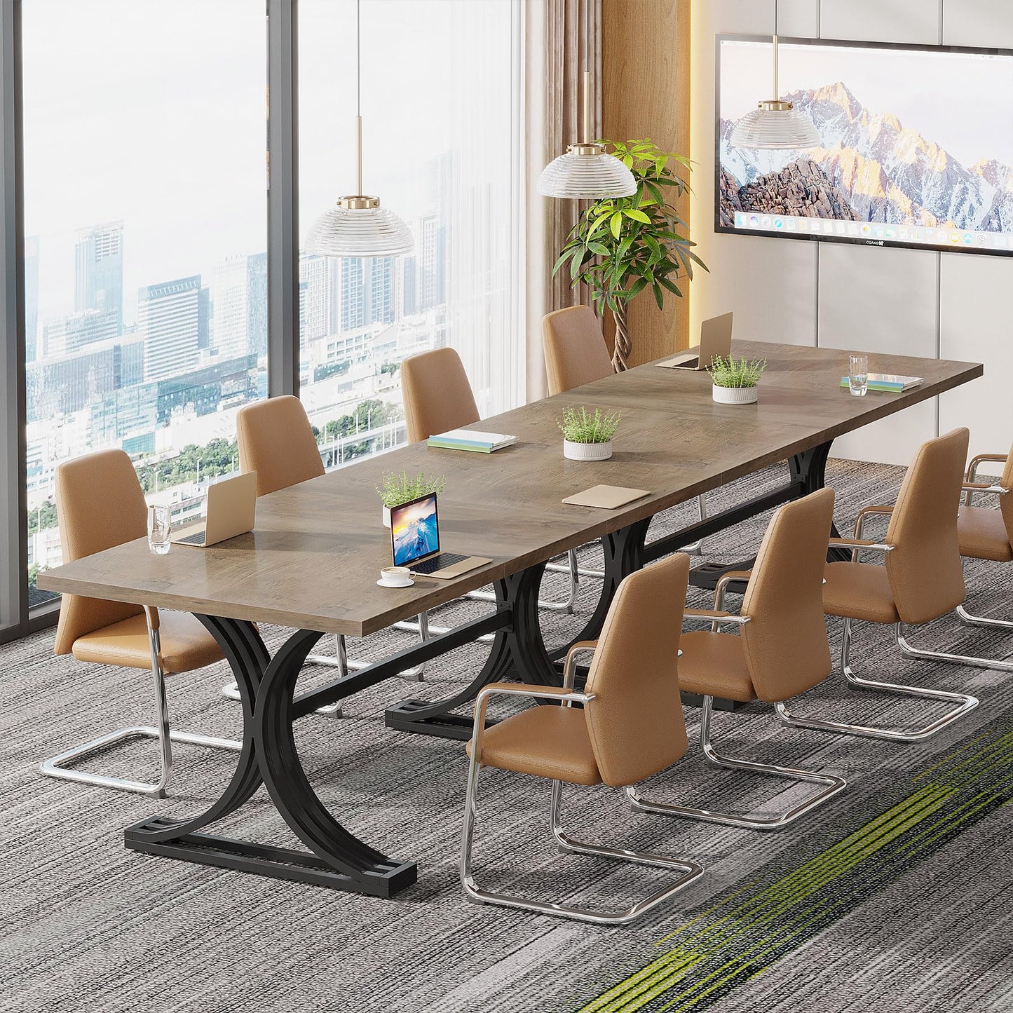 Tribesigns 10.5FT Conference Table, Modern Meeting Table for 8-10 People, Rectangle Seminar Boardroom Table for Office Conference Room with Stylish Legs (2, Grey + Black)