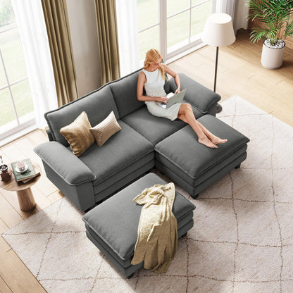LINSY HOME Modular Sectional Sofa - 90 Inch Oversized Corduroy Cloud Couch with Movable Ottoman Soft Modern Comfy Sofa Set for Living Room Apartment Office, Grey