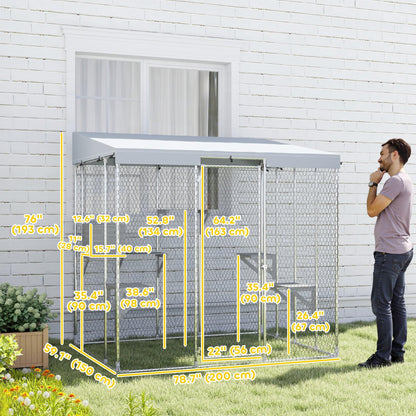 PawHut Catio Outdoor Cat Enclosure, 79" Large Walk-in Cat House with Waterproof Cover, Resting Box, 5 Jumping Platforms, Chicken Run Coop, Rabbit Hutch, Feral Cat Shelter Sloped Roof