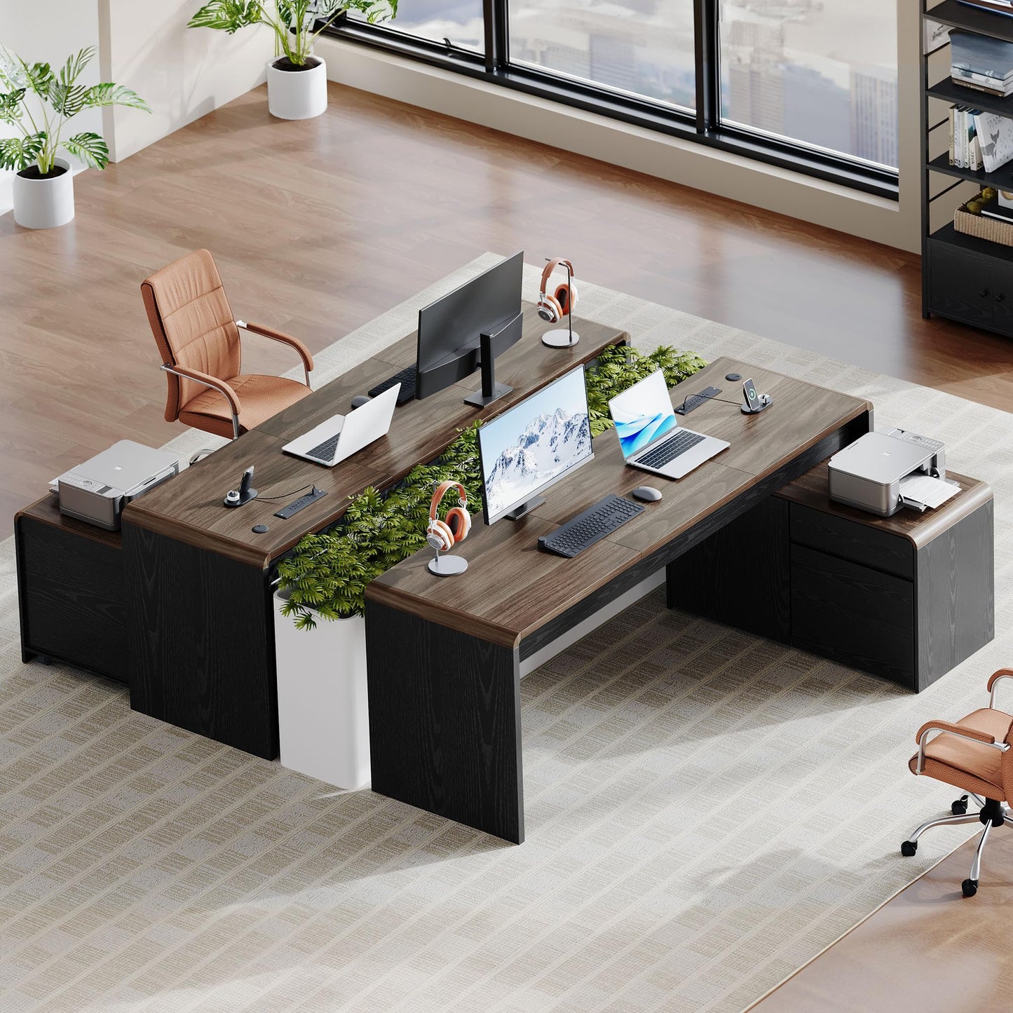 Homiflex Mid-Century Modern 78" L-Shaped Executive Desk with Independent Mobile File Cabinet, Large Home Office Desk with Drawers and 4 AC + 2 USB Power Outlets, Waterfall Edge Design, Black & Walnut