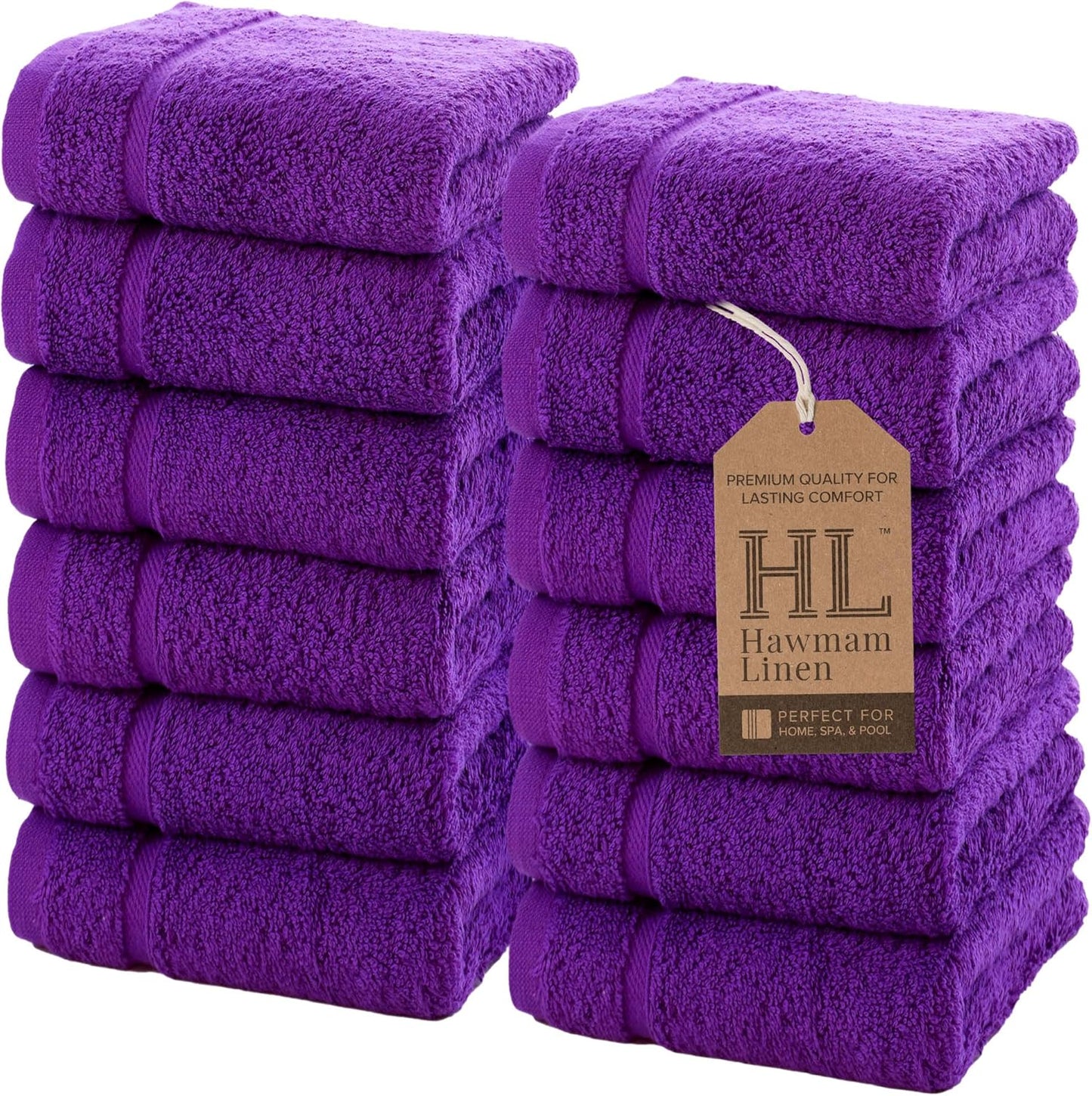 13x13 Inch 12 Pack Hawmam Linen Luxury Cotton Washcloths - Large Hotel Spa Bathroom Face Towel | | Purple