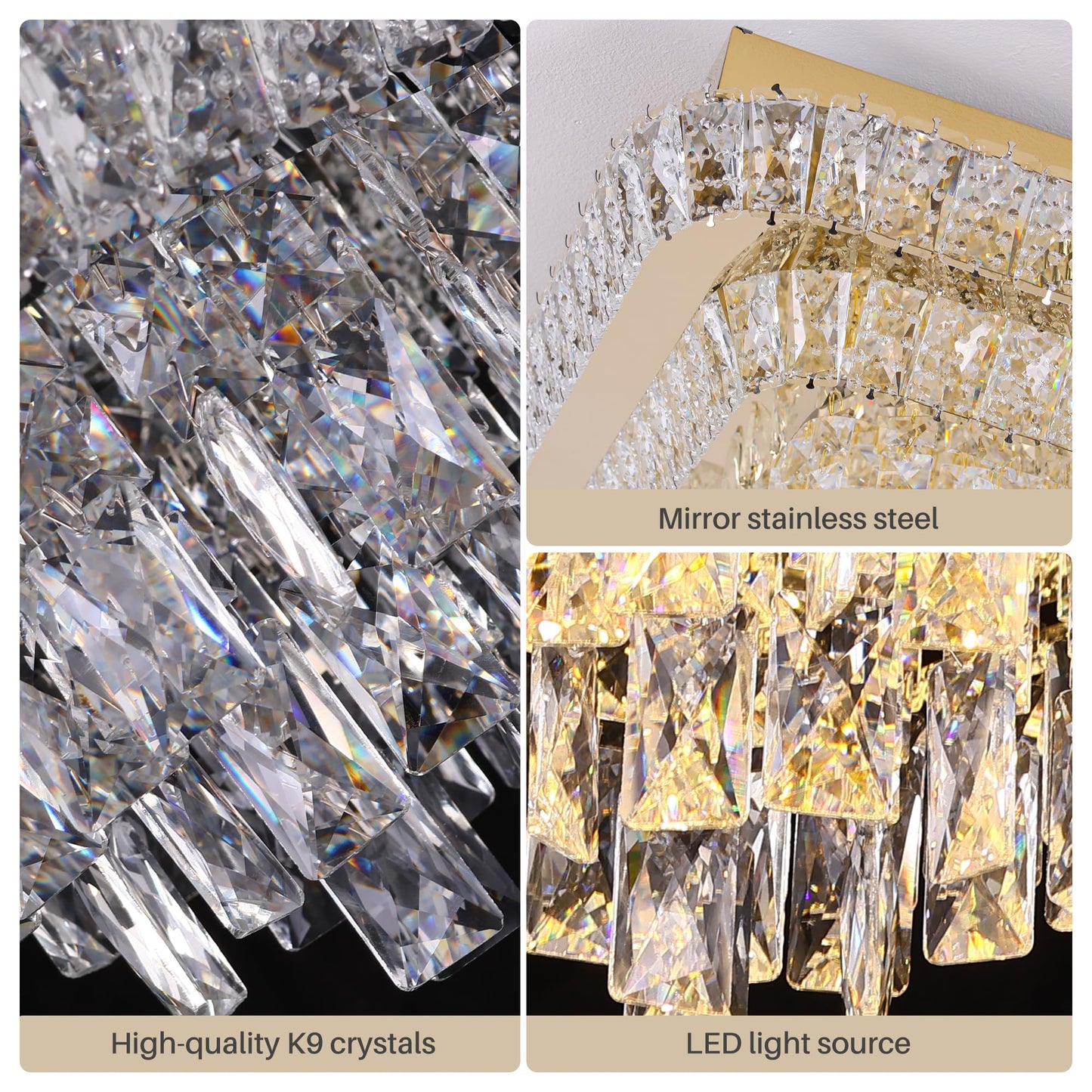 Miuyhji Elegant LED Crystal Raindrop Ceiling Light,24 Inch Square Gold Flush Mount Chandelier Light Fixture,Remote/APP, for Living Room Kitchen Dining Room Bedroom Hallway Entryway Foyer (Dimmable)
