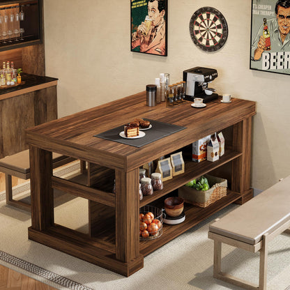 Tribesigns 55" Kitchen Island with Seating and Storage, 3-Tier Farmhouse Wood Stationary Island Table with Large Worktop & Leg Room, Coffee Bar Table with Storage Shelves for Kitchen, Dark Brown