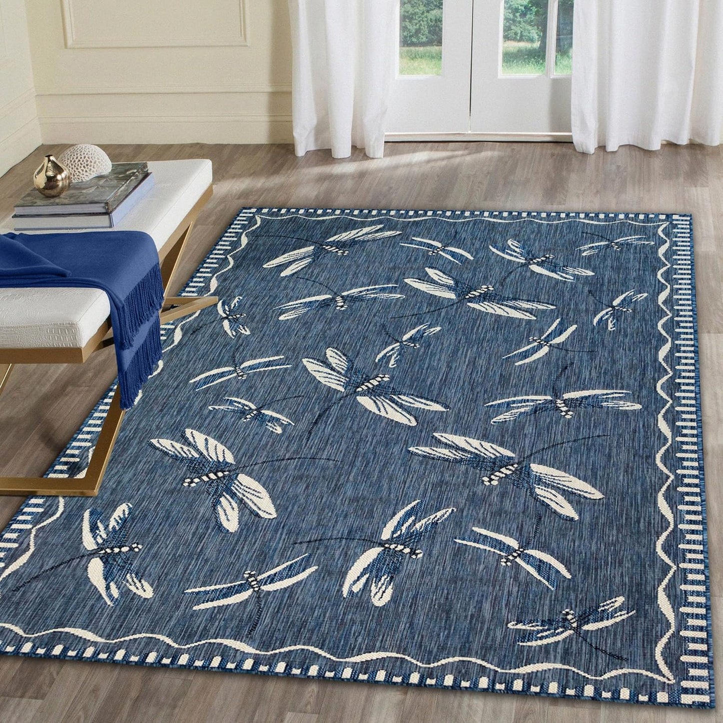 Liora Manne Carmel Low Profile Indoor/Outdoor Woven Rug, Decorative Botanical Dragonfly in Navy, 3'3" x 4'11"