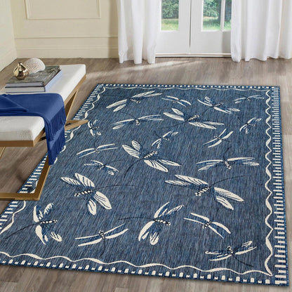 Liora Manne Carmel Low Profile Indoor/Outdoor Woven Rug, Decorative Botanical Dragonfly in Navy, 3'3" x 4'11"