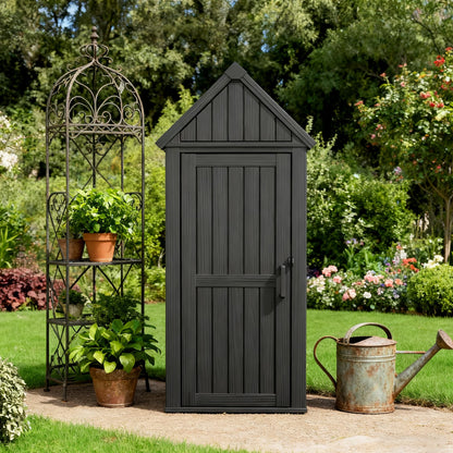 WTFGO Vertical Outdoor Storage Shed, Waterproof Resin Outdoor Storage Cabinet with Removable Shelves & 12 Hooks, Lockable Small Tool Shed for Garden, Backyard, Patio, Pool, Classic Black