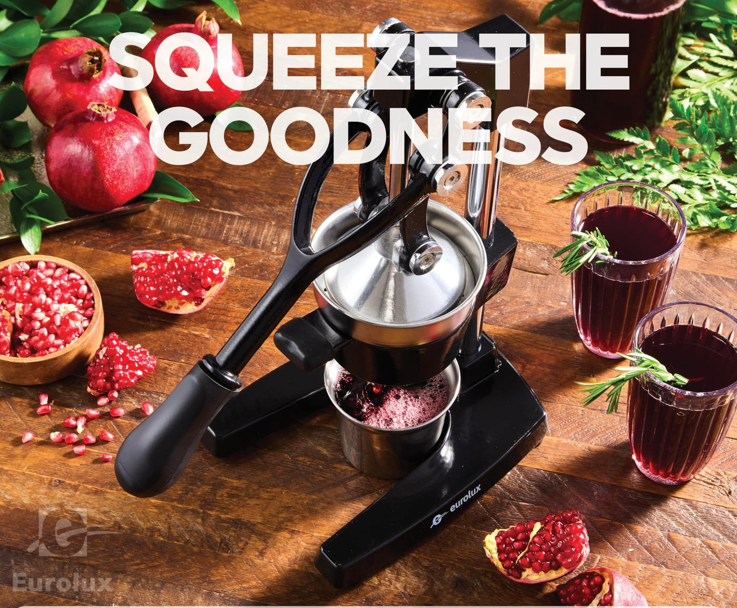 Eurolux Ultra-Premium Cast Iron Juicer | Extra-Large, Heavy Duty, Commercial Grade, Stainless Steel Manual Hand Press Citrus Squeezer For Fresh Orange Juice, Pomegranate, Lemon, and Much More (Black)