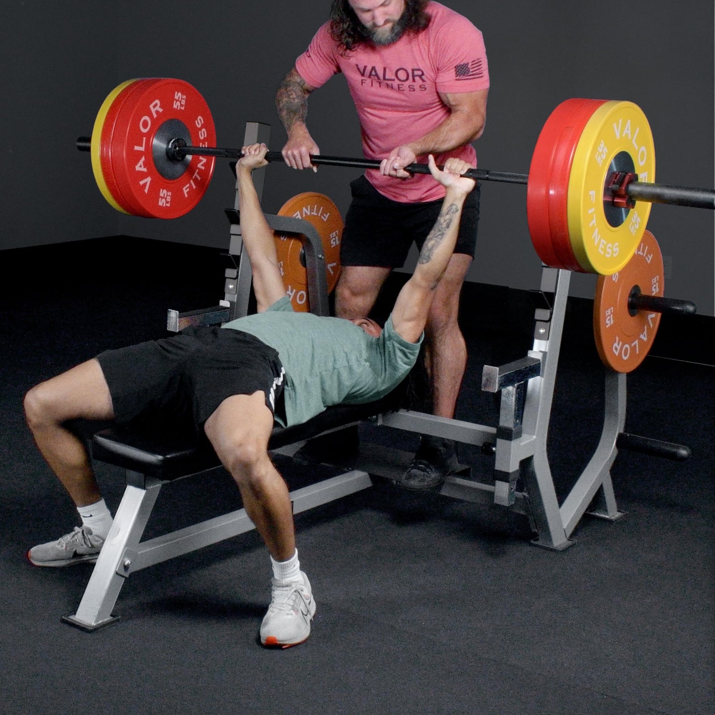 Valor Fitness Olympic Weight Bench Press Station - Spotter Arms - Adjustable Safety Catch- Max 500 lbs - Plate Storage Pegs - Home Gym Equipment