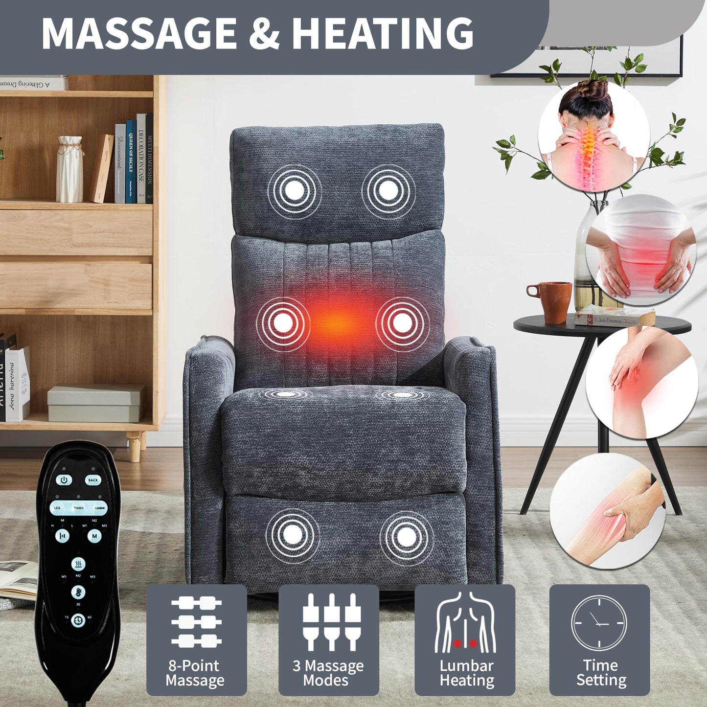 KEIKI 4-in-1 Manual Swivel Rocker Recliner Chair for Living Room, Chenille Nursery Glider Rocking Chairs with Back Massager & Heat, Ideal for Daily Nap in Living Room Quiet Corner, Blue