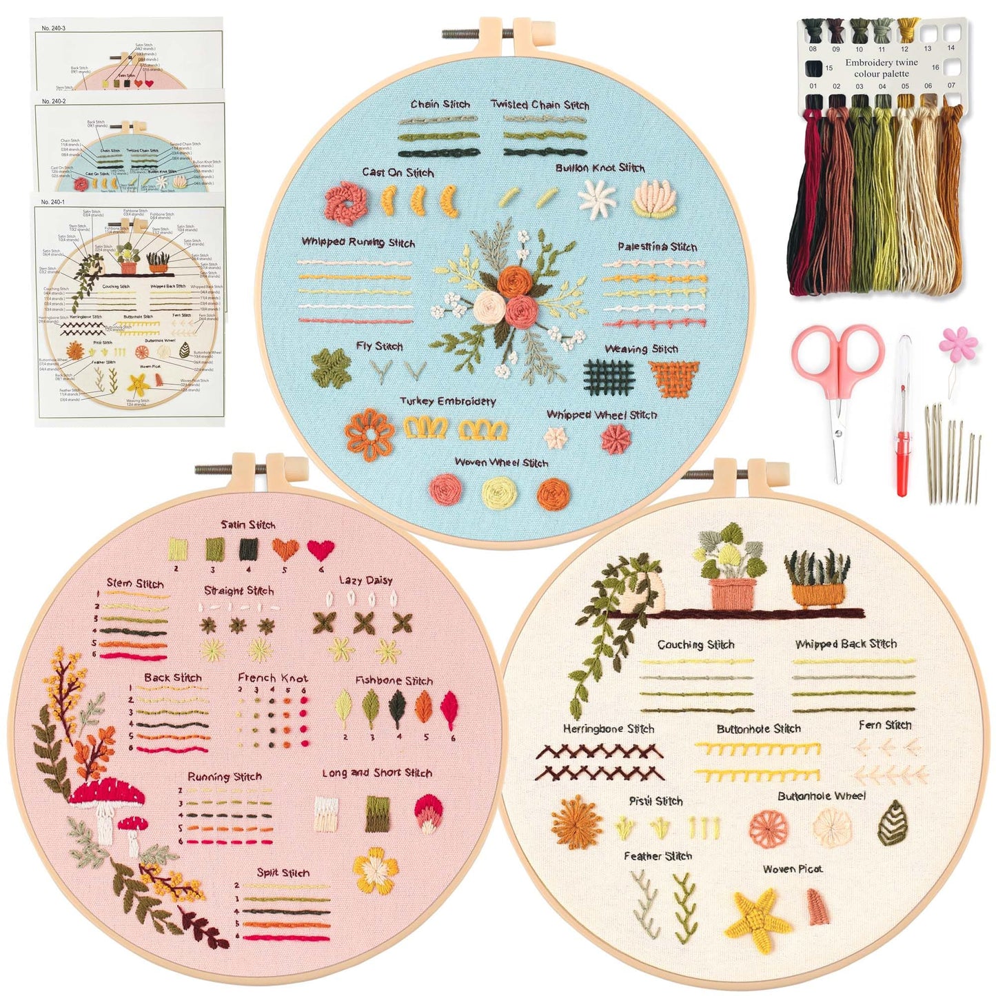 Myfilicity Embroidery Beginners Stitch Practice kit, 3 Embroidery Starter Kits, Learn 30 Different Stitching Techniques for Craft Enthusiasts to Hand-Stitch Fabric and Learn Embroidery Skills…