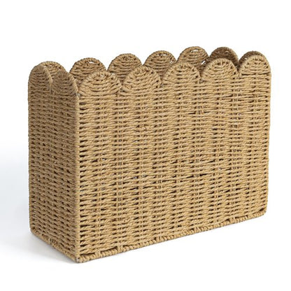 AELS Woven Natural Fibre Magazine Holder, Scalloped Edge Floor Magazine Rack, Hand-woven Organizer, Boho Modern Farmhouse Book Basket, File Newspaper Mail Holder for Office