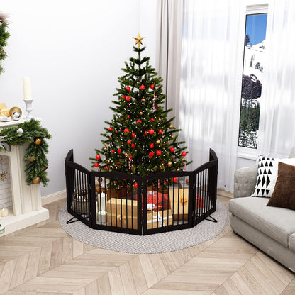 PUPETPO Freestanding Pet Gate for Dogs, Foldable Wooden Dog Gate for House, Extra Wide Indoor Pet Barrier for Stair, Doorway, Hall, Support Feet Included, 120 Inch Wide, 6 Panels 24", Brown