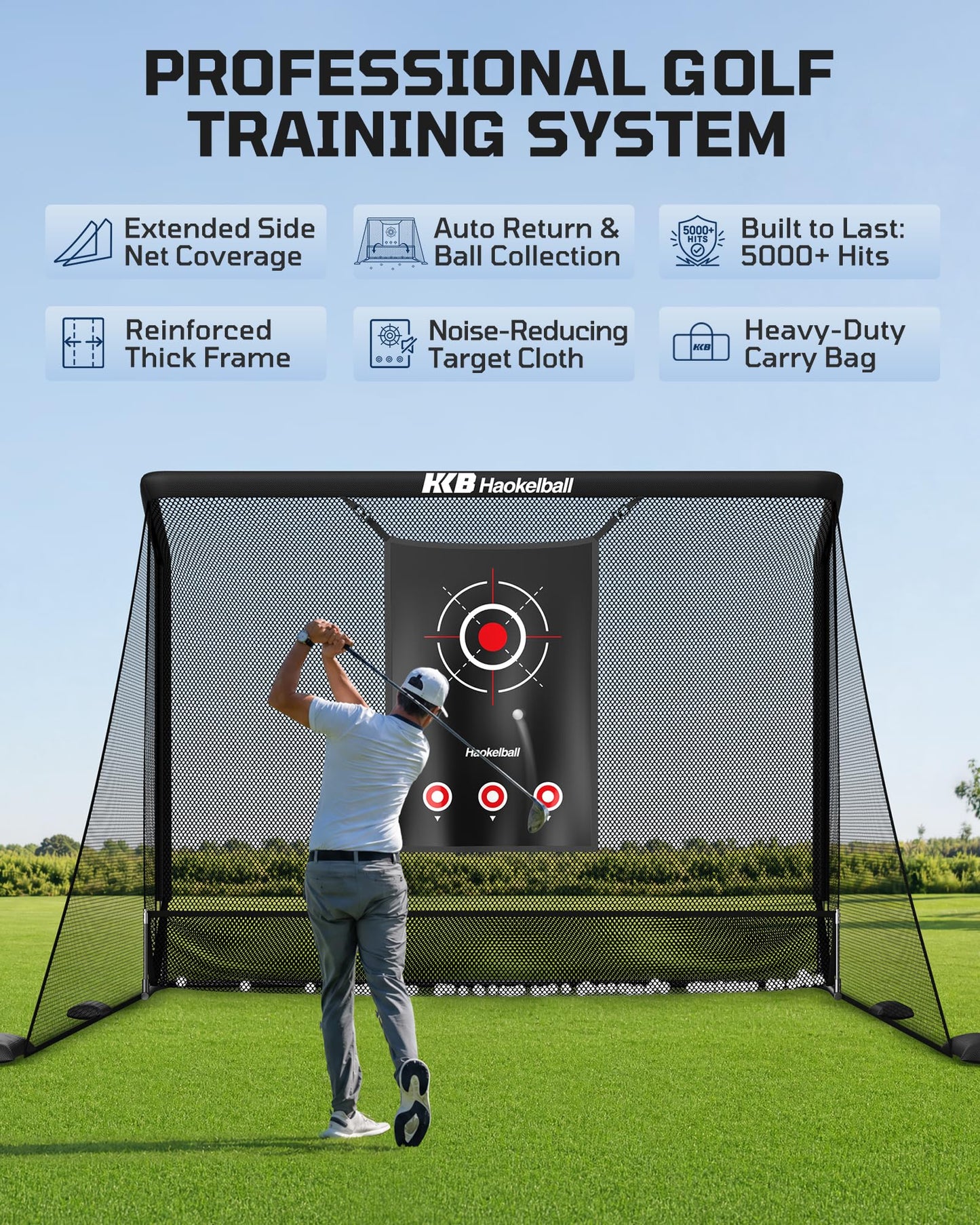 Haokelball Golf Hitting Net for Driving Real Balls, Indoor Chipping Practice Swing Training Nets with Side Barriers Impact Target, 10x8ft Heavy Duty Netting with Carry Bag for Backyard Outdoor Use