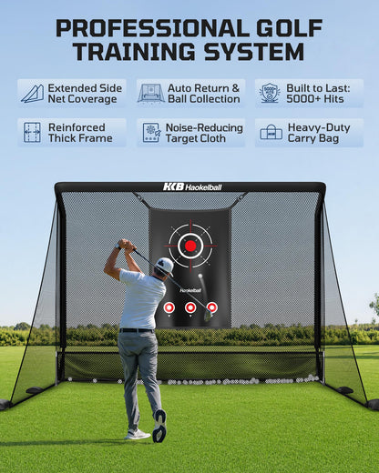 Haokelball Golf Hitting Net for Driving Real Balls, Indoor Chipping Practice Swing Training Nets with Side Barriers Impact Target, 10x8ft Heavy Duty Netting with Carry Bag for Backyard Outdoor Use