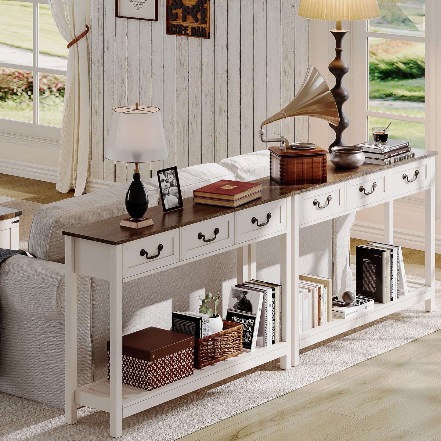 ChooChoo 47" Farmhouse Console Table with 3 Drawers, Rustic Entryway Table, Narrow Long Sofa Table for Living Room, Hallway, Behind Couch, Soft White and Brown