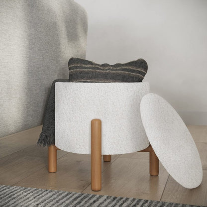Round Sherpa Storage Ottoman Pouf with Removable Lid – Plush Couch Footrest & Hidden Organizer for Small Spaces, Dorm or Living Room by Lavish Home (White)