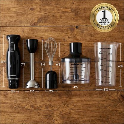OVENTE Immersion Hand Blender Set, 300W Electric Handheld Stick Mixer, 2 Mixing Speeds with Stainless Steel Blades, Egg Whisk, Beaker & BPA-Free Food Chopper, Black HS565B