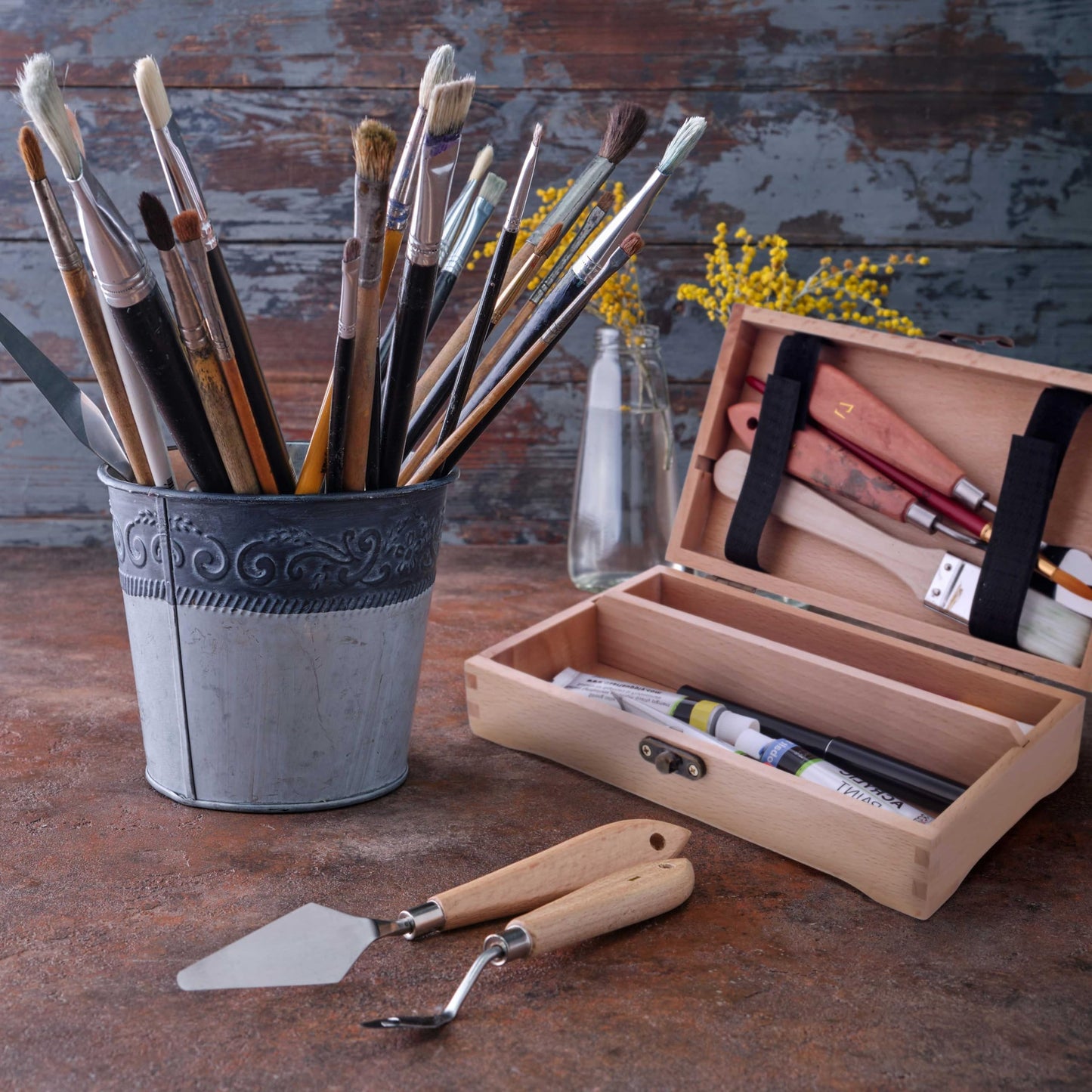 U.S. Art Supply Multi-Function Artist Supply Box with Locking Clasps - Wooden Art Box for Artist Supplies, Brushes, Pencils, Erasers, Tool Storage Organizer Case to Protect and Transport
