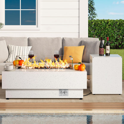 IRONCK 43-inch Outdoor Propane Fire Pit Table w Tank Table, CSA Certified, 2 in 1 Rectangular Patio Fire Pit w Glass Rocks, Wind Guard and Cover, 50000 BTU Outdoor Heater for Garden, Pool, White