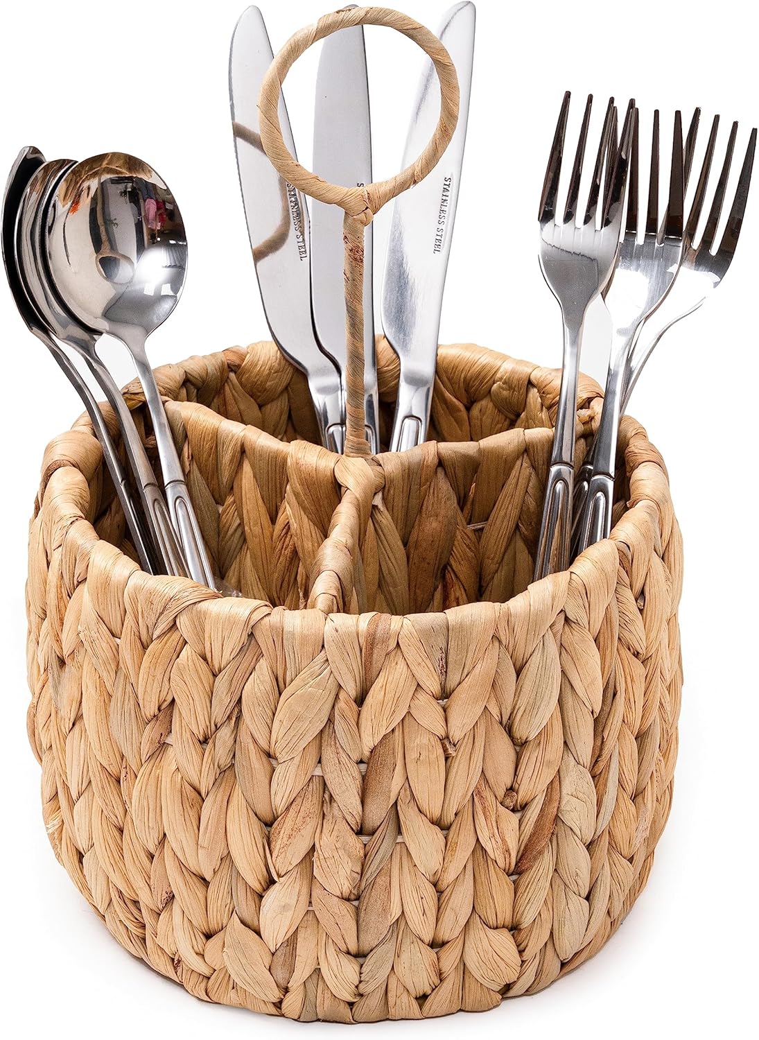 KOLWOVEN Wicker Flatware Organizer - Kitchen Utensil Holder for Countertop, Silverware Caddy with 3 Compartments