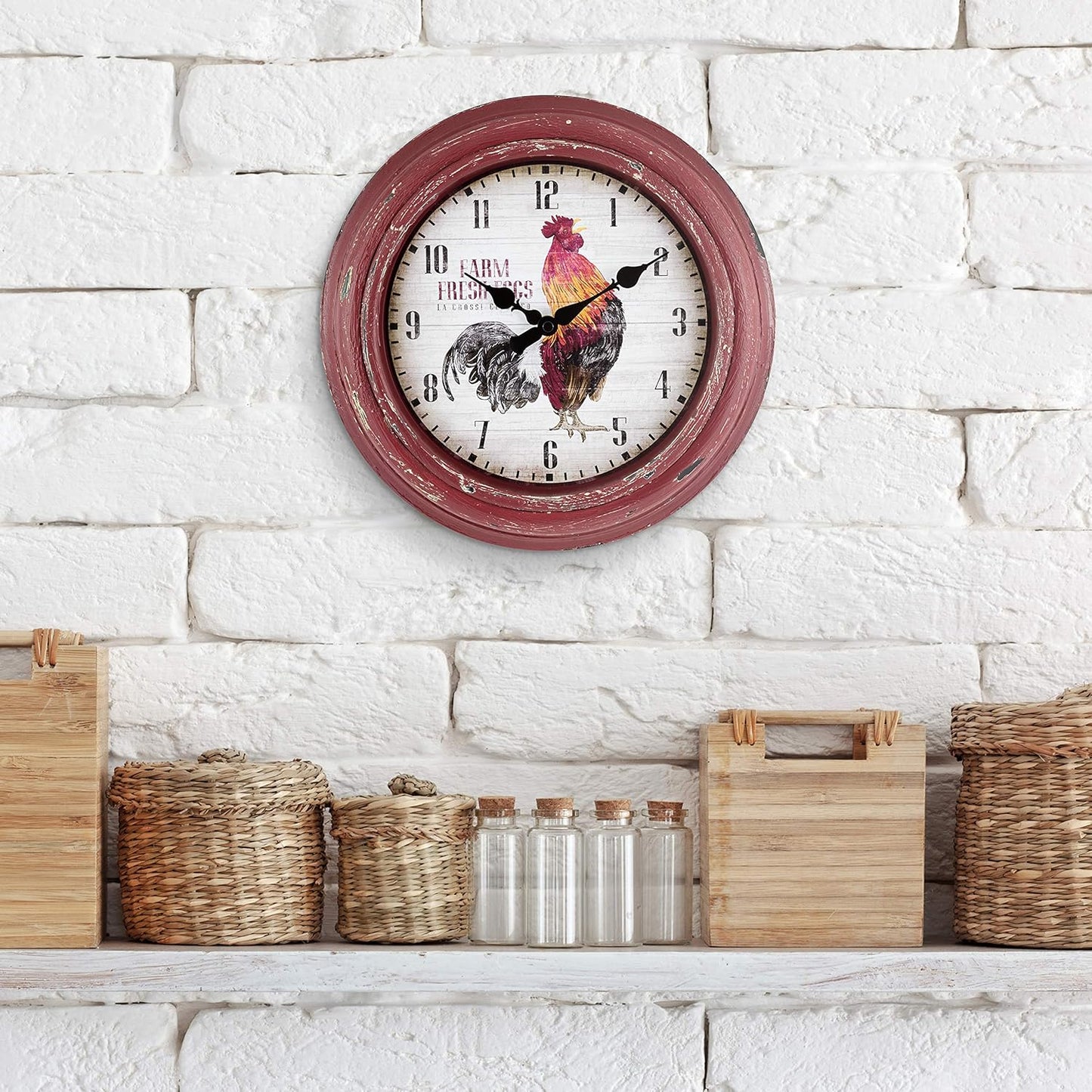 La Crosse Technology 12 Inch Distressed Red Rooster Quartz Wall Clock - Model 404-3630