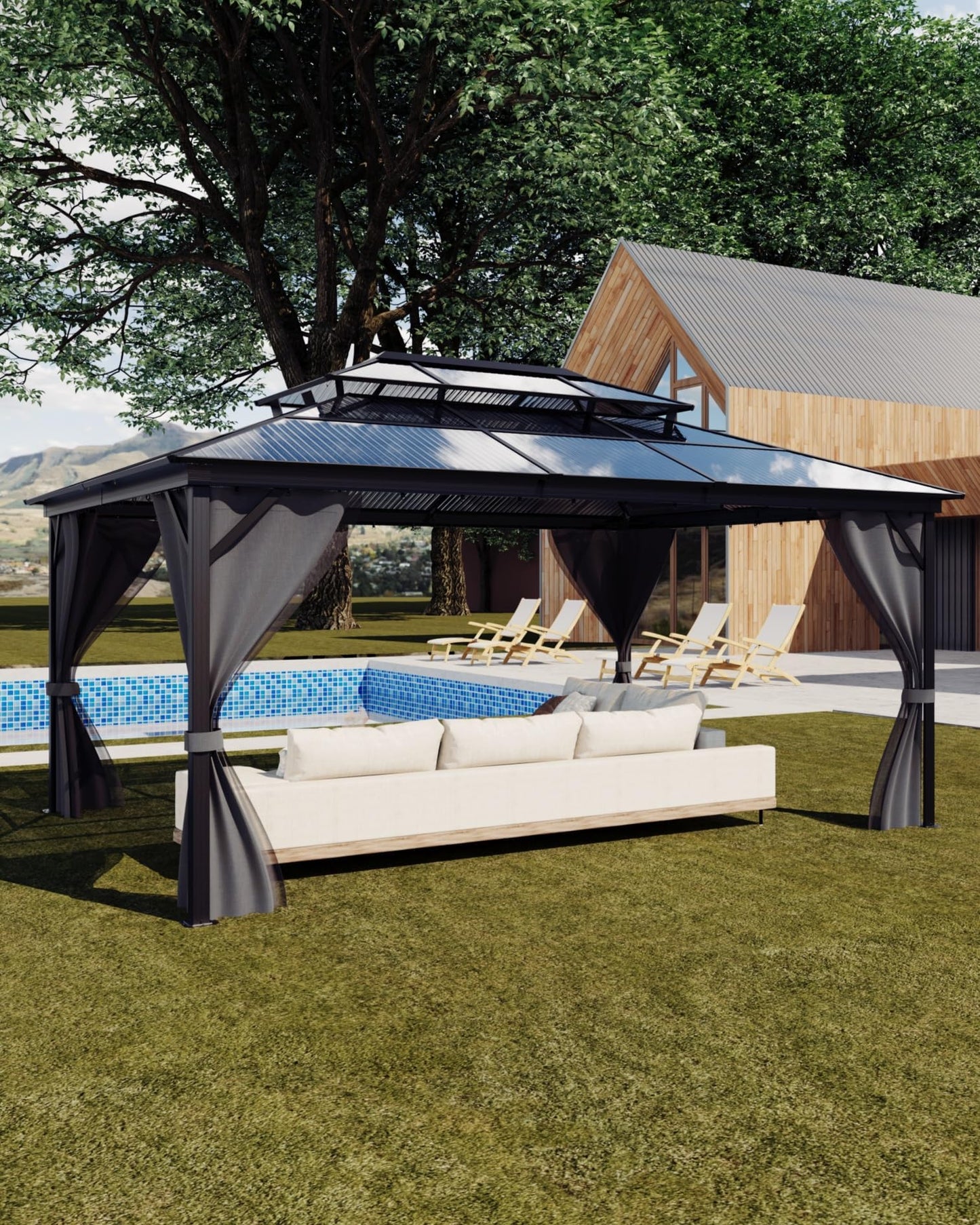 PeakPursuit Heavy Duty Hardtop Gazebo 12'x16' – Double Polycarbonate Roof, Aluminum Frame, Curtains & Netting, Weather-Resistant Permanent Outdoor Pavilion for Patio, Deck, Garden, Khaki