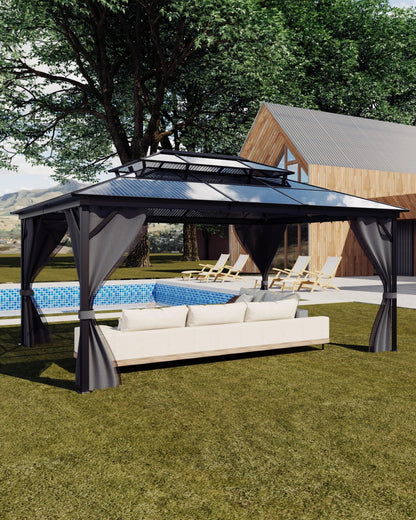 PeakPursuit Heavy Duty Hardtop Gazebo 12'x16' – Double Polycarbonate Roof, Aluminum Frame, Curtains & Netting, Weather-Resistant Permanent Outdoor Pavilion for Patio, Deck, Garden, Khaki