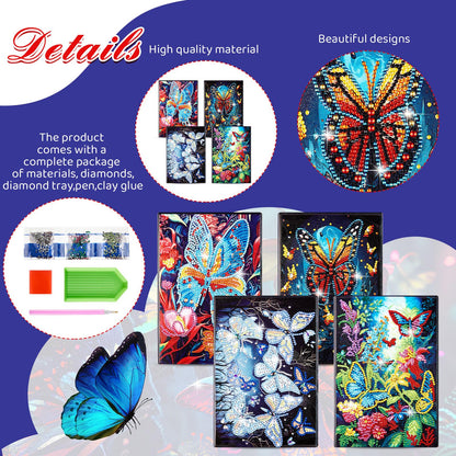 Fulmoon 4 Pcs Butterfly Diamond Art Notebook Kits for Adults 5.8 x 8.3 Inch Diamond Painting Kits for Beginner DIY 5D Gem Dots Journal Sketchbook Notepad for Christmas Birthday Drawing Painting