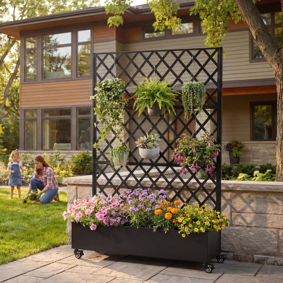 KEIKI 73"x47"x16" Metal Planter Trellis Box with Wheels & Drain Plug, Outdoor Resin Raised Garden Bed for Climbing Plants, Large Weather-Resistant Design, Black