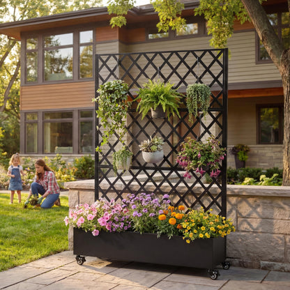 KEIKI 73"x47"x16" Metal Planter Trellis Box with Wheels & Drain Plug, Outdoor Resin Raised Garden Bed for Climbing Plants, Large Weather-Resistant Design, Black