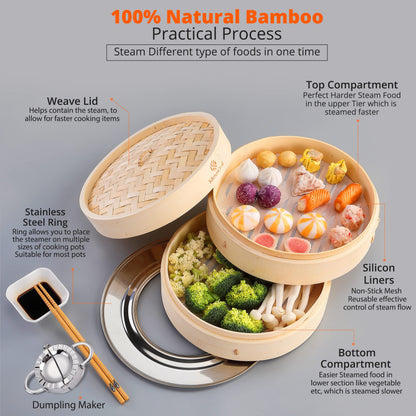 KITCHENCRUST Bamboo Steamer Basket for Chinese Asian Cuisine - 2 Tier 10-Inch Steaming Basket Bun Vegetable Steam, Dumpling Steamer bamboo steam basket, Sauce Dish, Chopsticks, Reusable Liners, Ring