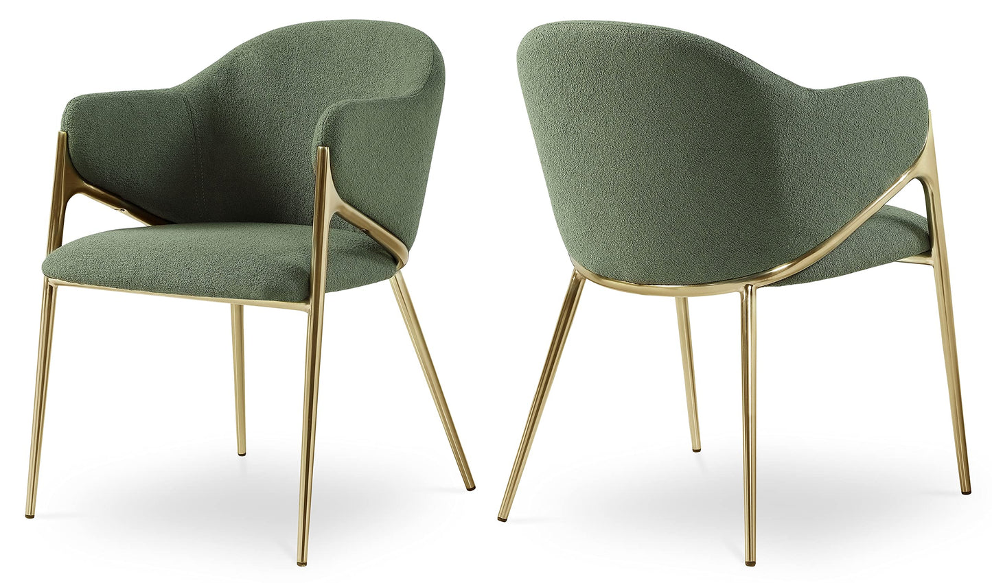Meridian Furniture 559Green-C Nial Collection Modern | Contemporary Dining Chair with Rich Green Boucle Fabric, Iron Frame in Brushed Brass Finish, 22.5" W x 24.5" D x 31.5" H, Green, Set of 2