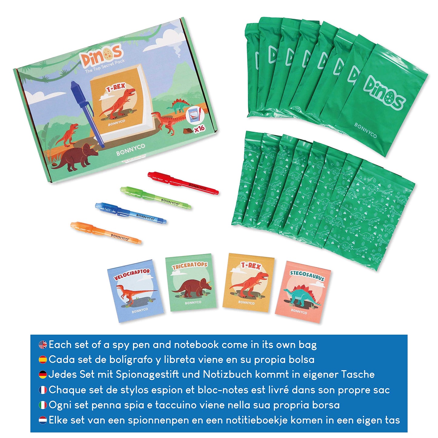 BONNYCO Invisible Ink Pen and Notebook Pack 16, Dinosaur Party Favors for Kids. Magic Spy Pen Goodie Bags Stuffers for Kids, Dinosaur Birthday Party Supplies. Goody Bag Stuffers, Return Gifts Prizes
