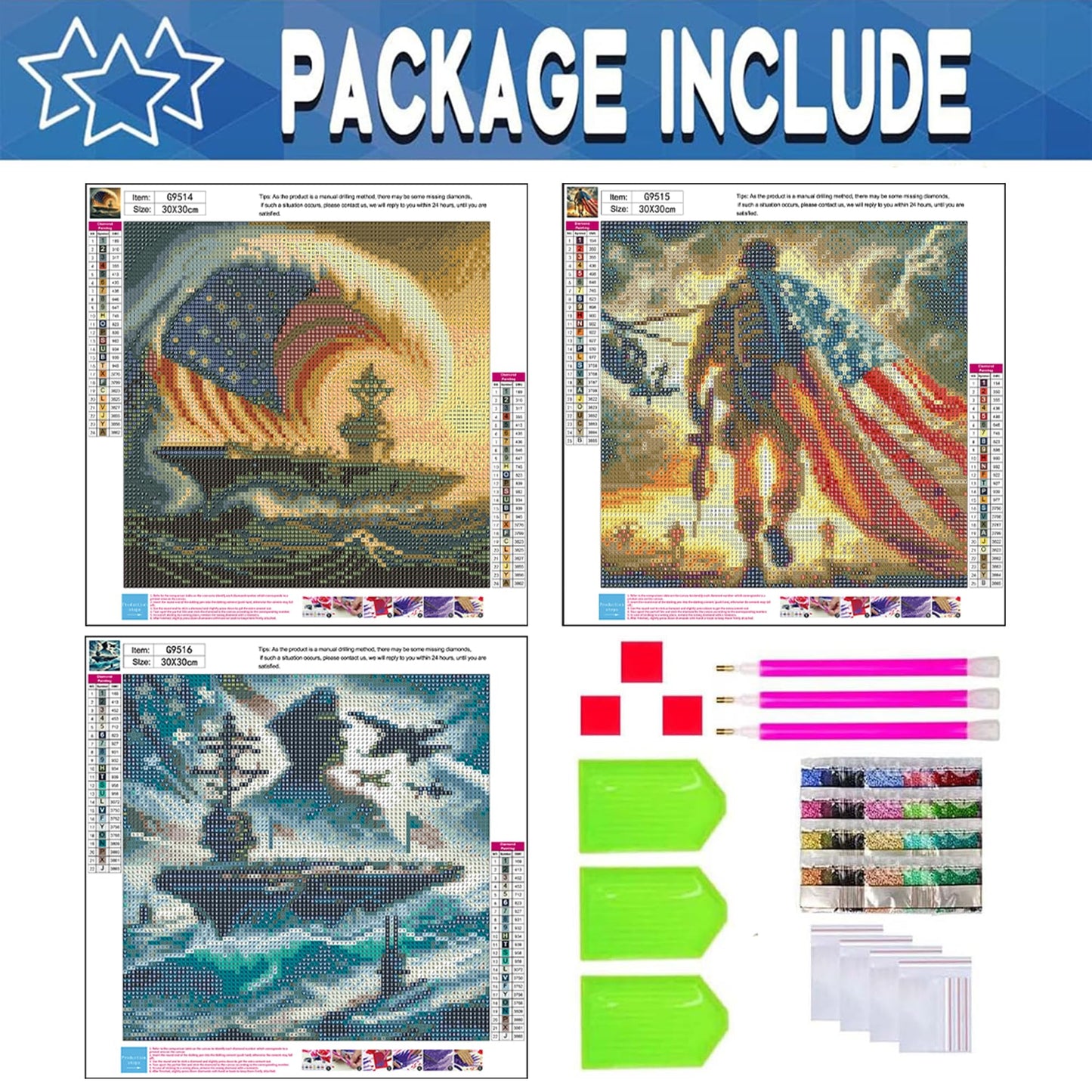 ajepon 3 Pack Independence Day Diamond Art Kits for Adults - Independence 5D Diamond Painting, Gem Art for Adults, Gem Painting Kits for Wall Home Decor Arts Craft 12x12inch