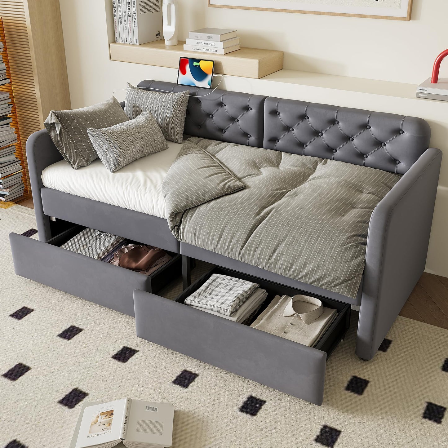 GDFStudio Twin Size Bed Frame with 2 Storage Drawers, Velvet Upholstered Twin Daybed with Headboard and Charging Station, Tufted Wood Platform Bed Frame, Solid Slats, No Box Spring Needed, Grey
