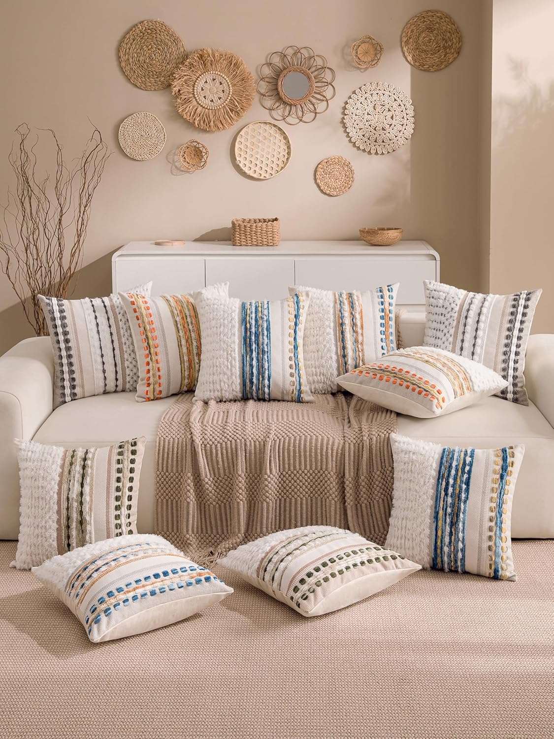 18x18 Inch Set 2 Boho Chenille Tufted Couch Throw Pillow Covers of Farmhouse Striped Decorative Pillow Covers Accent