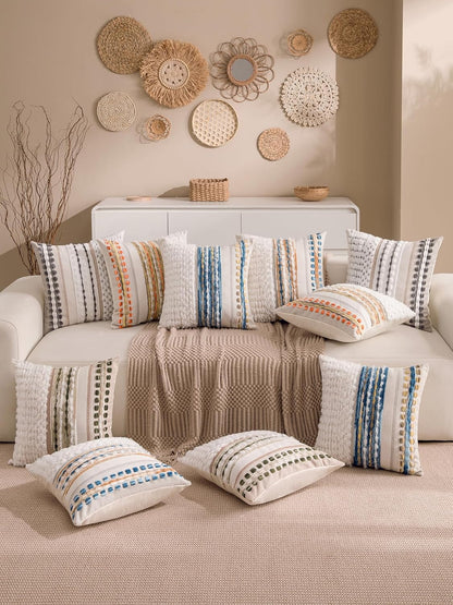 18x18 Inch Set 2 Boho Chenille Tufted Couch Throw Pillow Covers of Farmhouse Striped Decorative Pillow Covers Accent