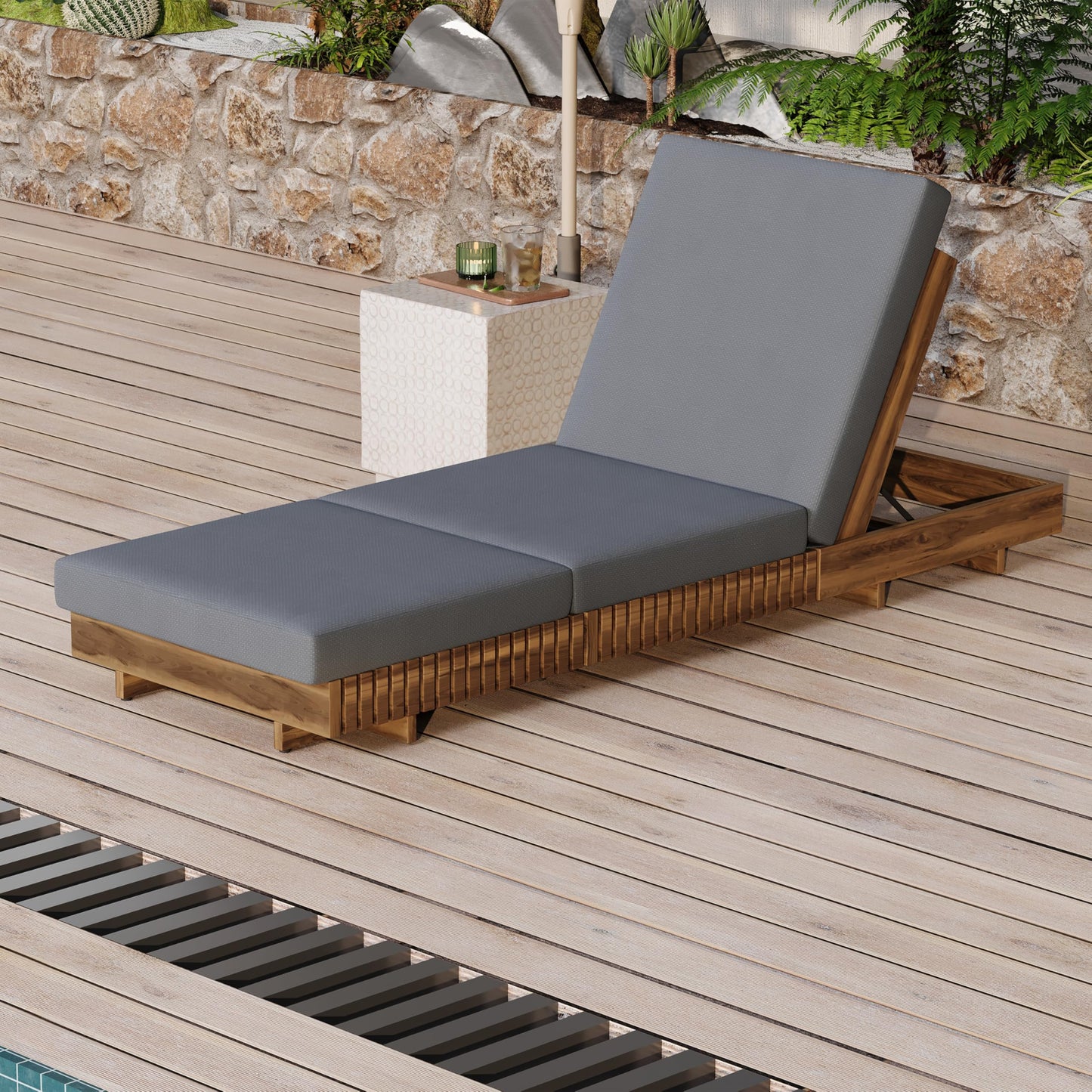 Christopher Knight Home Habers Acacia Acacia Wood Chaise Lounge with Triple Folds Cushion, Outdoor Sun Lounger with Adjustable Backrest, 77'' Patio Recliner Chair for Poolside Backyard, Teak+Dark Gray