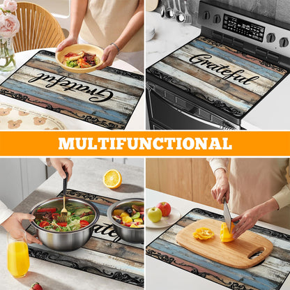 AOHMPT Multi-Design Stove Top Cover for Glass/Electric Stoves - 3-in-1 Heat-Resistant Protector Mat, Non-Slip Drying Rack 28"x20" (Grateful, 28" L x 20" W)