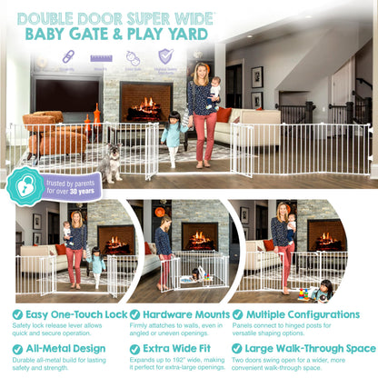 Regalo Safety 192" Double Door Super Wide Baby Gate & Play Yard, 8-Panel Adjustable Safety Gate for Doorways & Large Openings, Hardware Mounted Gate for Babies, Toddlers & Pets
