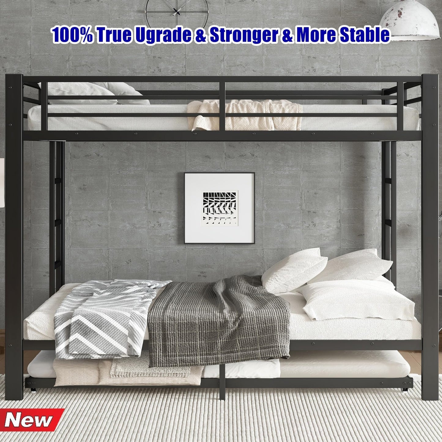 TIHWOALL Upgraded & Stronger Heavy Duty Metal Queen over Queen Bunk Bed with Twin Size Trundle, More Stable Safer Thickened Bunkbeds (Greater Weight Capacity) (Queen over Queen Bunk with Twin Trundle)