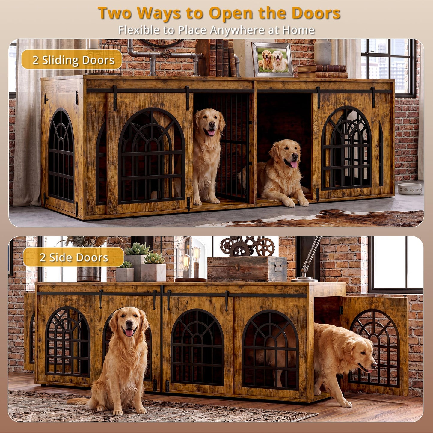 IRONCK 90.2" Double Room Dog Crate Furniture with Sliding Doors– Heavy Duty Wooden Dog Kennel with Hinged Divider, TV Stand & End Table for Large to Medium Dogs, Brown (Brown)