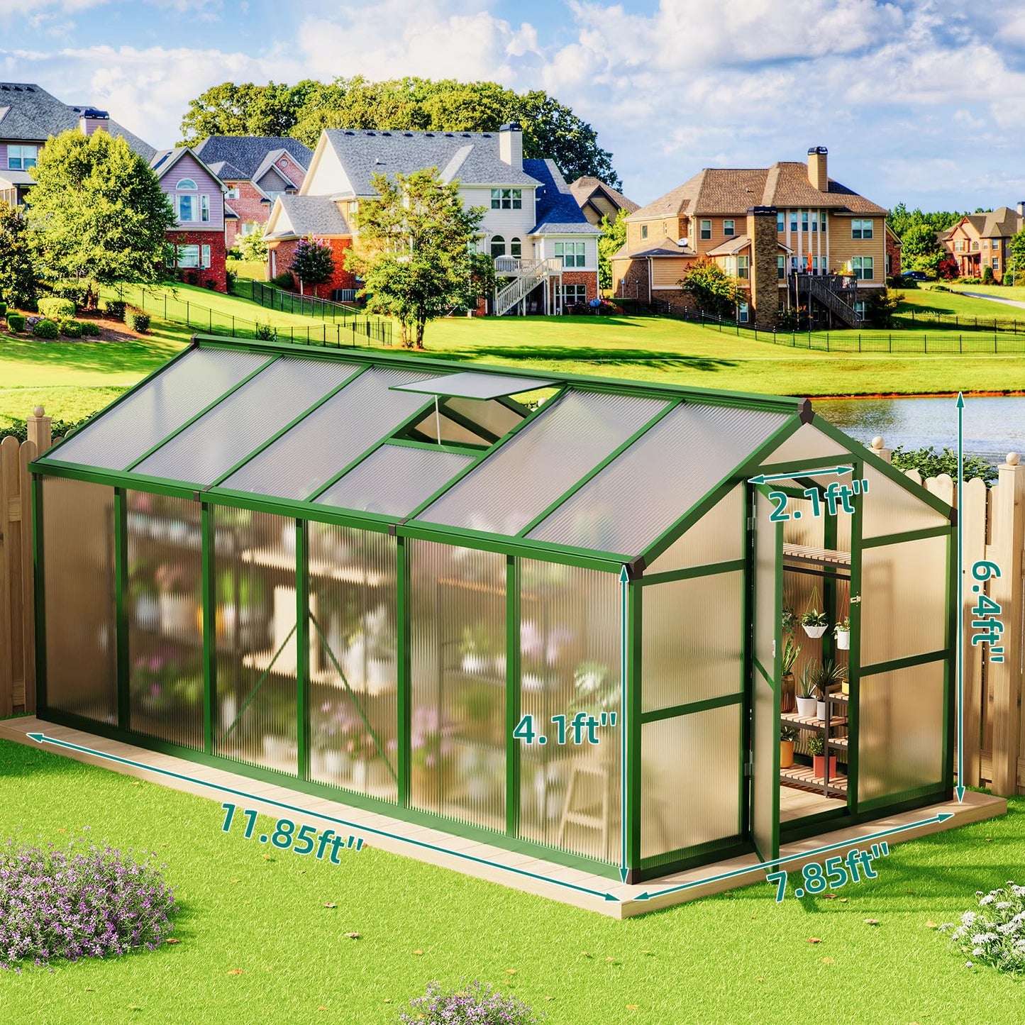 8x12 FT Greenhouse - Large Aluminum Greenhouses for Outdoors, Heavy Duty Polycarbonate Greenhouse with Roof Vent&Ground Nails, Walk-in Green Houses for Garden, Backyard, Patio, Easy Assembly