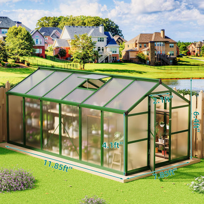8x12 FT Greenhouse - Large Aluminum Greenhouses for Outdoors, Heavy Duty Polycarbonate Greenhouse with Roof Vent&Ground Nails, Walk-in Green Houses for Garden, Backyard, Patio, Easy Assembly
