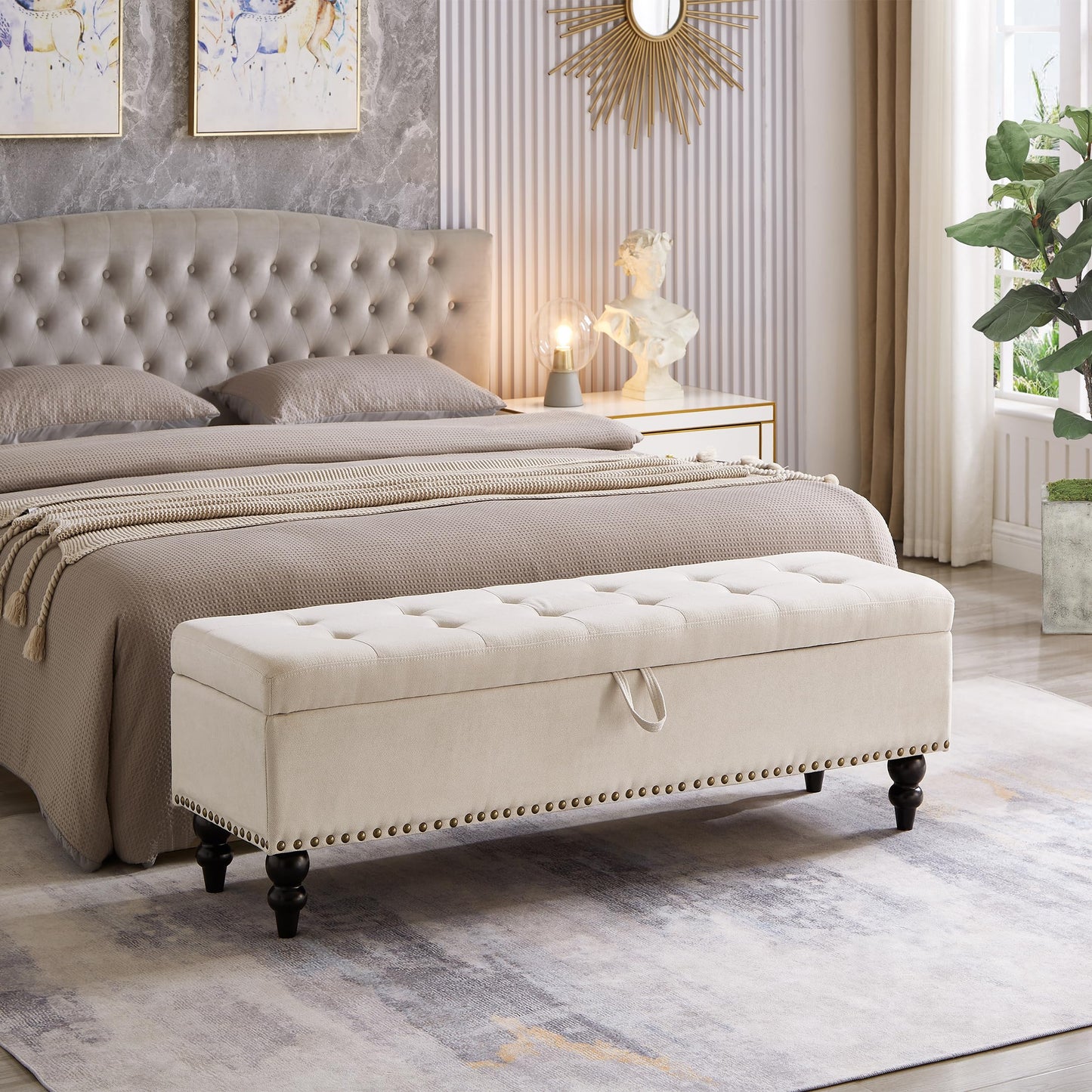 GDFStudio 59" Mid-Century Modern Rectangle Storage Ottoman Bench, Button Tufted Lift-Top Linen Ottoman Foot Rest with Solid Legs and Nailhead Trim, Upholstered Oversized Pouf for Living Room, Beige