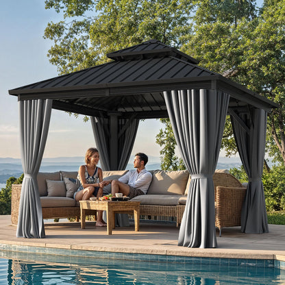 YITAHOME 10X10FT Hard Top Gazebo Patios Outdoor Double Roof Canopy Aluminum Frame Garden Gazebo with Curtains Netting for Backyards Decks Lawns, Gray