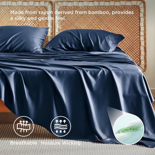 Bedsure Cooling California King Sheet Set - Breathable Rayon from Bamboo, Soft & Luxurious, Deep Pocket Up to 16 Inches, Navy