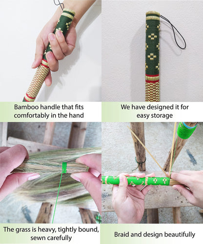 Thai Vintage Retro Grass Broom Stick, Asian Straw for Wedding Jumping, Witch, House, Long With Solid Wood Handle - Primitive Sweeping Dirt Dust Garbage