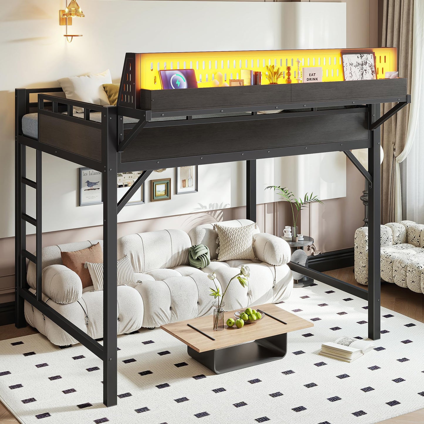 KEIKI Full Size Metal Loft Bed with Storage Shelves & Pegboard, Heavy Duty Loft Bed Frame with USB Ports and LED Lights for Teens Adults Apartments Guest Rooms & Modern Small Spaces