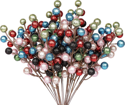 24 Pack HOHOTIME Artificial Berry Stems Branches, Christmas Faux Holly Colorful Berries Branches Ornaments